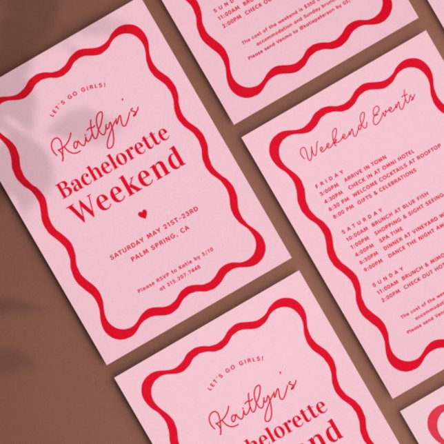 Pink and Red Wave Bachelorette Weekend Itinerary Invitation (Creator Uploaded)