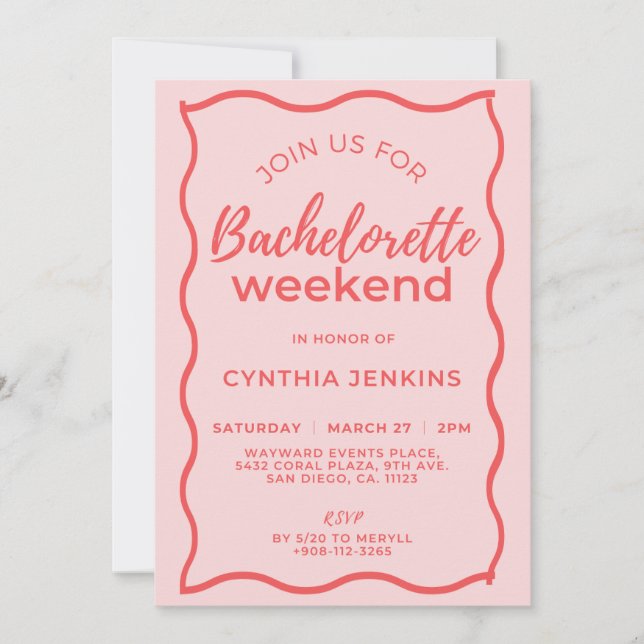 Pink and Red Wave Bachelorette Weekend Itinerary  Invitation (Front)