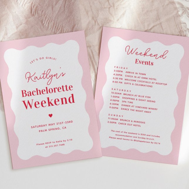 Pink and Red Wavy Bachelorette Weekend Itinerary Invitation (Creator Uploaded)