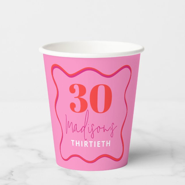 Pink and Red Wavy Border 30th Birthday Party Paper Cups (Front)