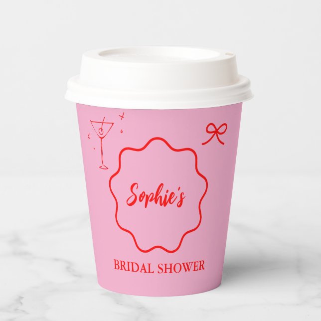 Pink and Red Wavy Retro Border Bridal Shower Paper Cups (Front)