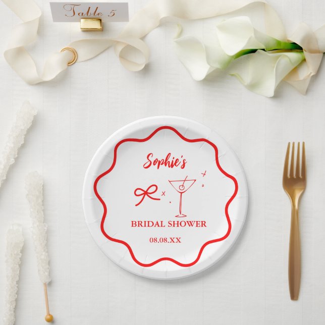 Pink and Red Wavy Retro Border Bridal Shower Paper Plate (Wedding)