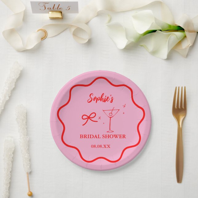 Pink and Red Wavy Retro Border Bridal Shower Paper Plate (Wedding)