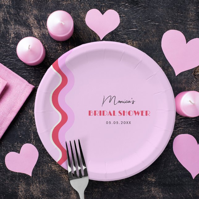 Pink and Red Wavy Retro Seventies Bridal Shower Paper Plate (Creator Uploaded)