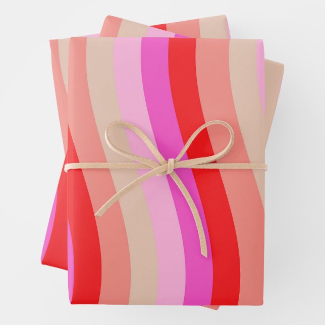 Pink and Red Wavy Stripes Bright Valentine's Day Wrapping Paper Sheet (In situ)