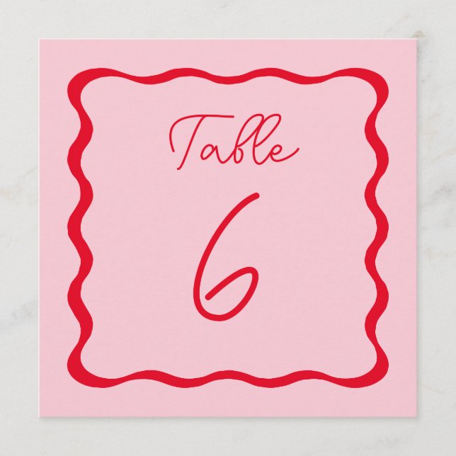 Pink and Red Wavy Wedding Square Table Number (Front)