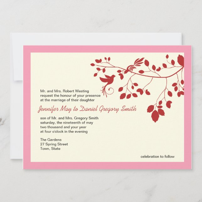 Pink And Red Wedding Invites Love Birds (Front)