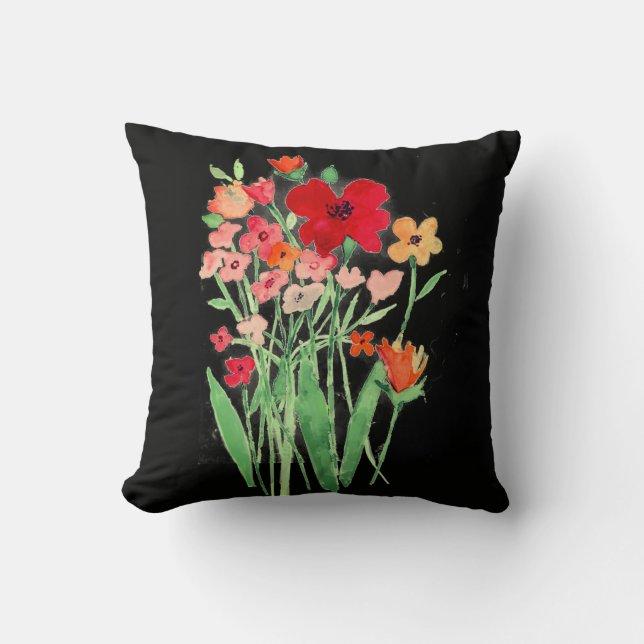 Pink and Red Wildflowers on Black Throw Pillow (Front)