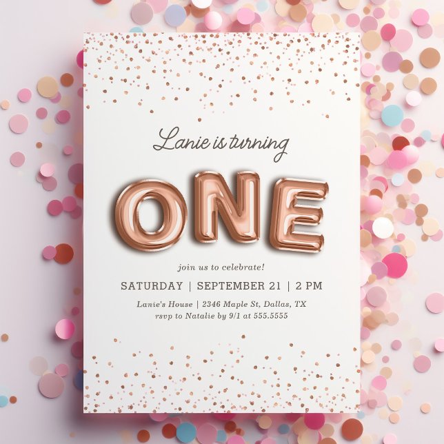 Pink and Rose Gold Balloon Glitter 1st Birthday Invitation (Creator Uploaded)