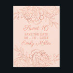 Pink and Rose Gold Fine Art Floral Save the Date Announcement Postcard<br><div class="desc">Elegant Save the Date Postcard, displayed for Sweet 16 but editable for any occasion. The template is set up for you to add your occasion, event date and name on the front, with a custom message on the back. This design has a pretty colour palette of blush pink and rose...</div>