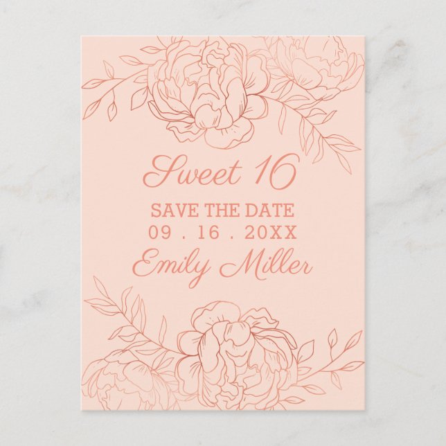 Pink and Rose Gold Fine Art Floral Save the Date Announcement Postcard (Front)
