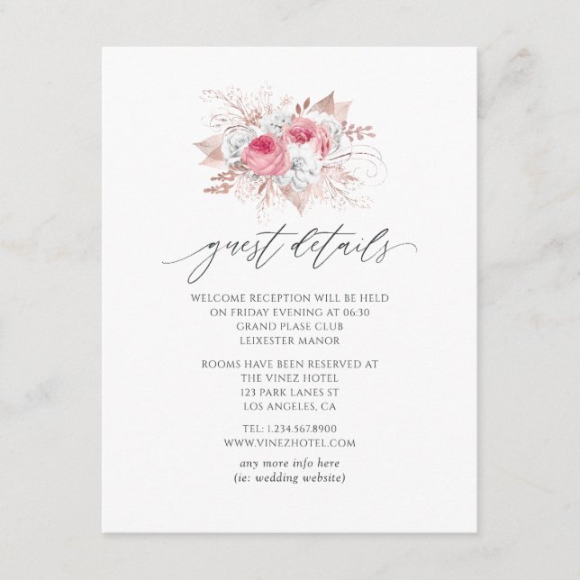 Pink and Rose Gold Floral and Lace Guest Details Enclosure Card (Front)