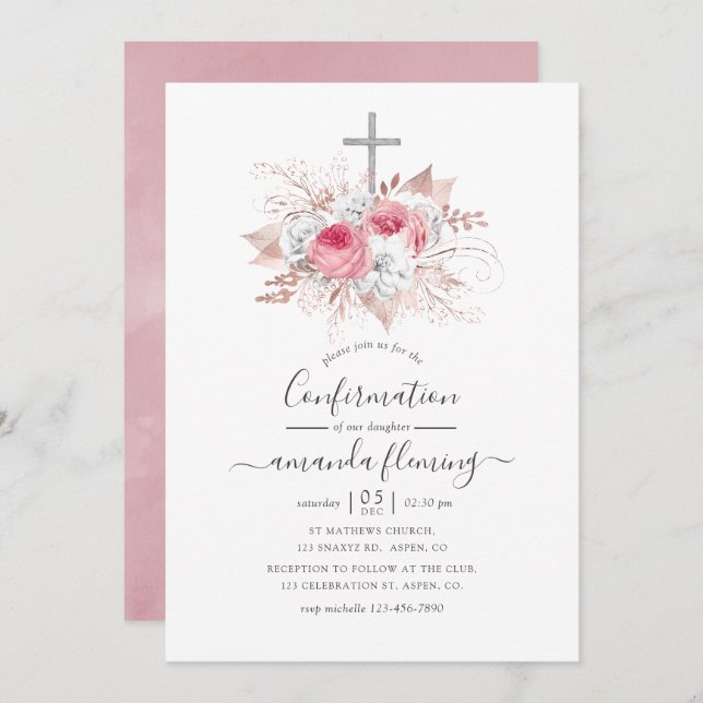 Pink and Rose Gold Floral Confirmation Invitation (Front/Back)
