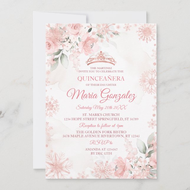 Pink and Rose Gold Floral Winter Girl Quinceañera Invitation (Front)
