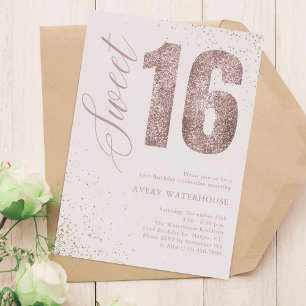 Pink and Rose Gold Glitter Sweet 16 Birthday Party Invitation