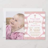 Pink and Rose Gold Pink Glitter Baptism Invitation