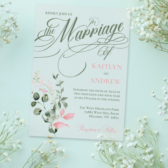 Pink and Sage Floral Elegant Script Wedding Acrylic Invitations (Elegant Script Typography Pink and Sage Clear Acrylic Wedding Invitation)