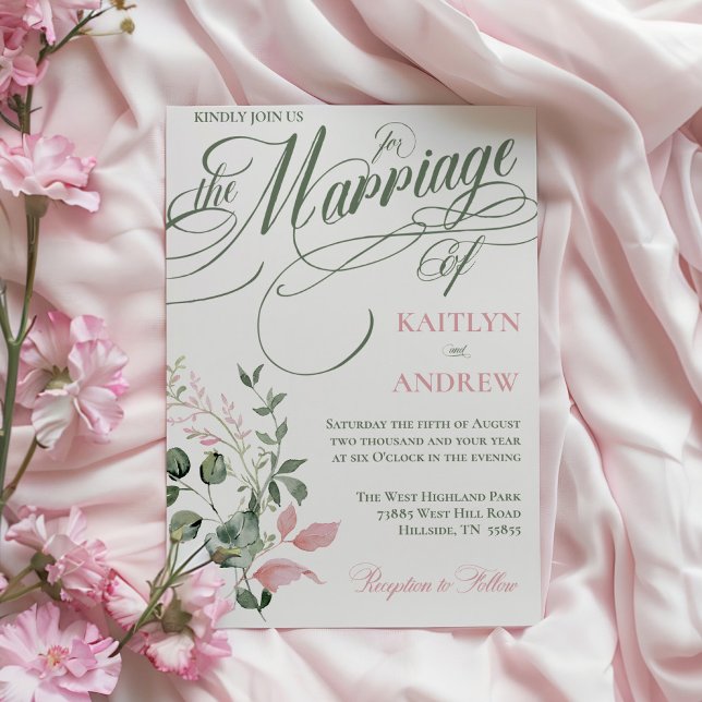 Pink and Sage Floral Elegant Script Wedding Invitation (Pink and sage elegant typography floral wedding invitations)