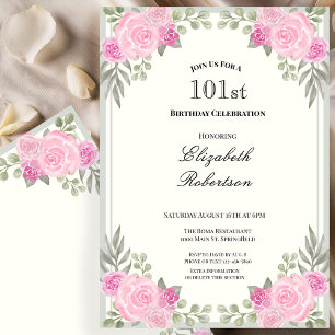 Pink and Sage Green Floral 101st Birthday Invitation