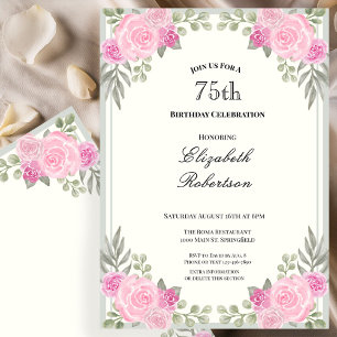 Pink and Sage Green Floral 75th Birthday Invitation