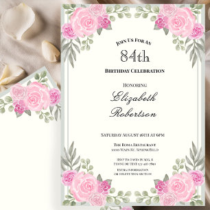 Pink and Sage Green Floral 84th Birthday Invitation