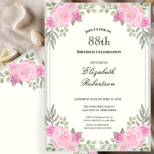 Pink and Sage Green Floral 88th Birthday Invitation