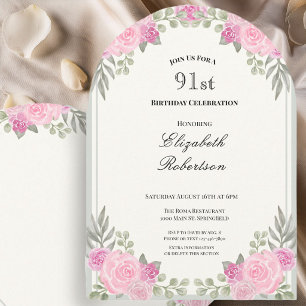 Pink and Sage Green Floral 91st Birthday Arch Invitation