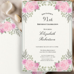 Pink and Sage Green Floral 91st Birthday Invitation