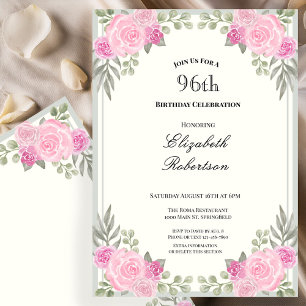 Pink and Sage Green Floral 96th Birthday Invitation
