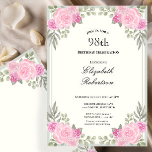 Pink and Sage Green Floral 98th Birthday Invitation