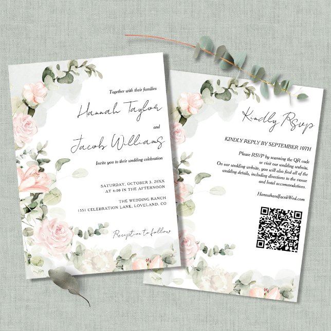 Pink and Sage Green Floral QR Code Wedding Invitation (Creator Uploaded)