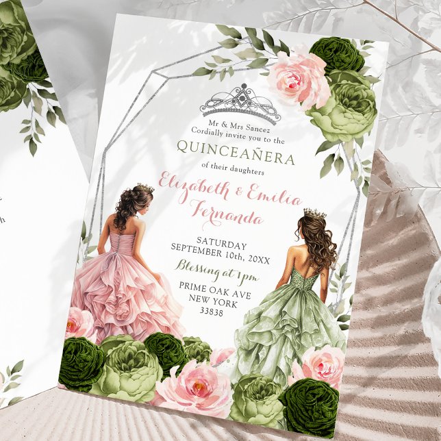 Pink and Sage Green Twins Geometric Quinceañera Invitation (Creator Uploaded)