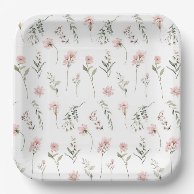 Pink and sage green watercolor wildflower party paper plate (Front)