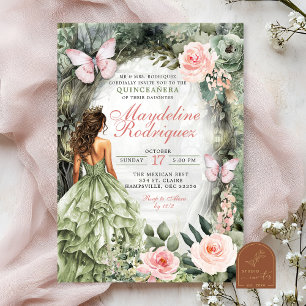 Pink and Sage Green Whimsical Forest Quinceanera Invitation