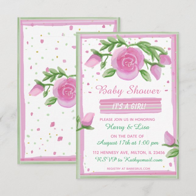 Pink and Sage Watercolor Roses Girl's Baby Shower Invitation (Front/Back)
