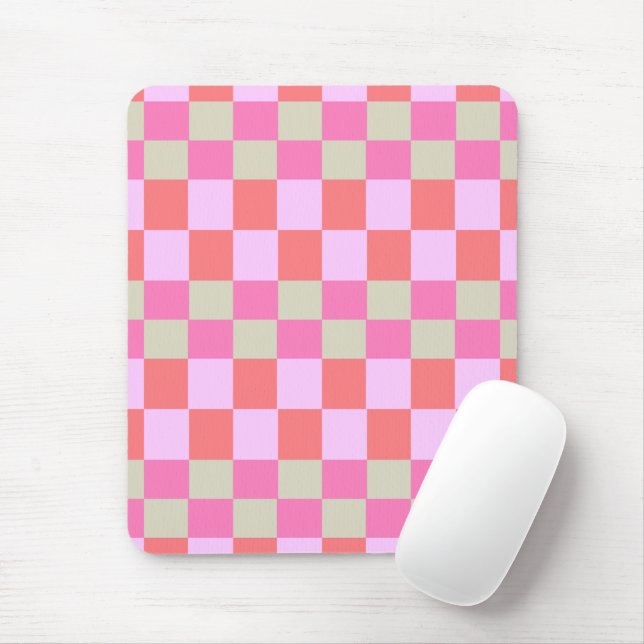 Pink and Sand Beige Retro Checkerboard Pattern Mouse Pad (With Mouse)