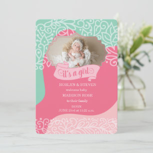 Pink and Sea Green It's a Girl Birth Announcement