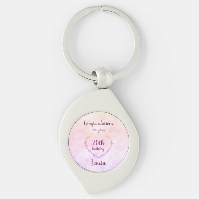 Pink and Silver 70th Birthday Personalised Key Ring (Front)