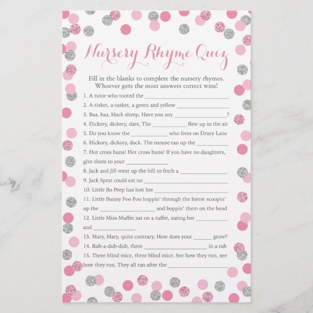 Pink and Silver Baby Shower Nursery Rhyme Quiz (Front)