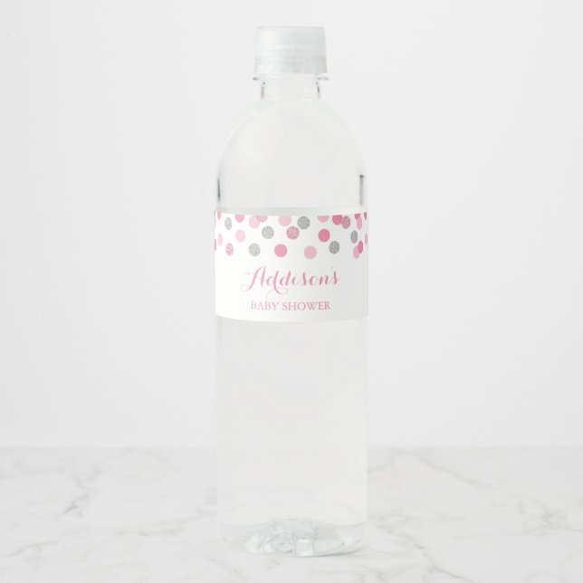 Pink and Silver Baby Shower Water Bottle Labels (Front)