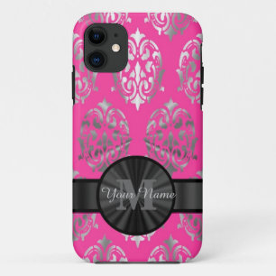 Pink and silver damask personalised monogram Case-Mate iPhone case