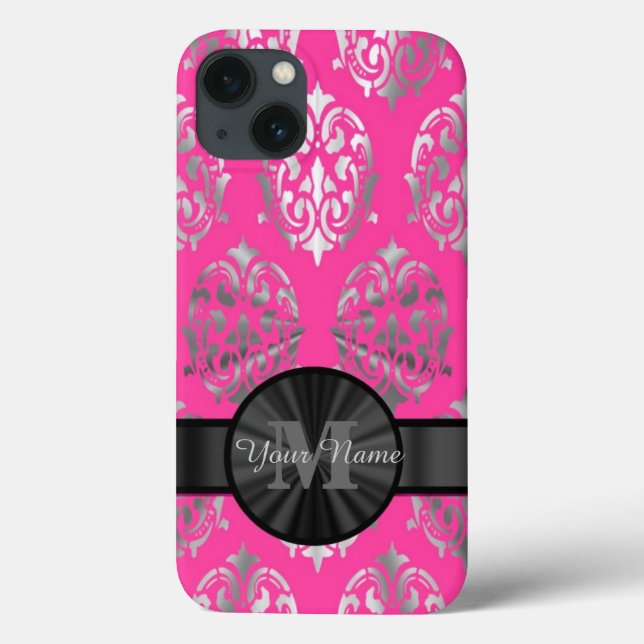Pink and silver damask personalised monogram Case-Mate iPhone case (Back)