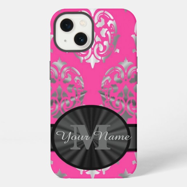 Pink and silver damask personalised monogram iPhone case (Back)
