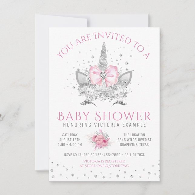 Pink and Silver Diamond Unicorn Baby Shower Invitation (Front)