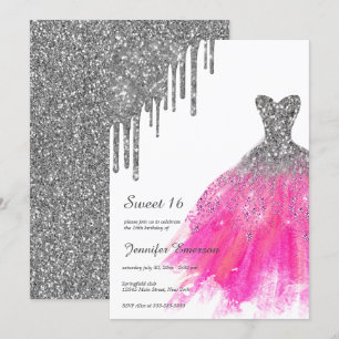 Pink and silver Dress Glitter Drips Sweet Sixteen Invitation