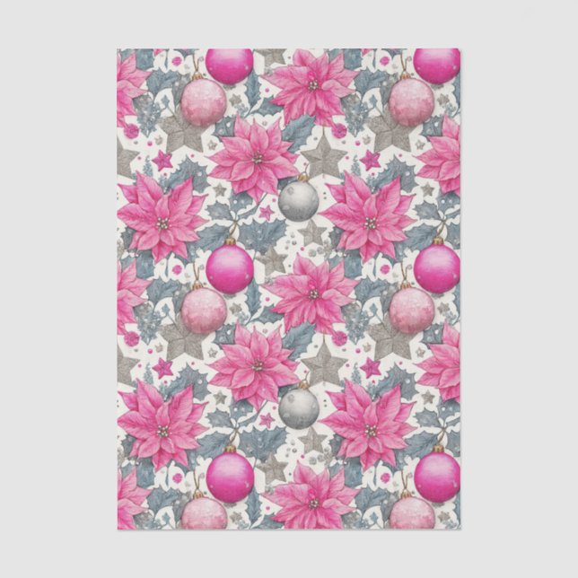 Pink and silver Festive Christmas Pattern Tissue Paper (Front)