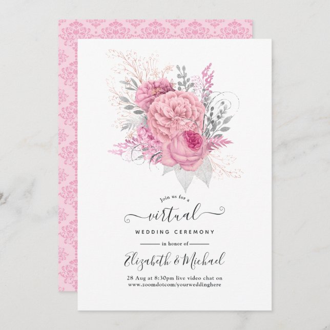 Pink and Silver Floral and Lace Virtual Wedding Invitation (Front/Back)