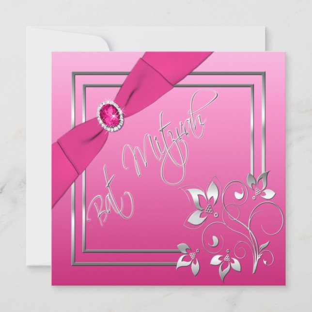 Pink and Silver Floral Bat Mitzvah Invitation (Front)