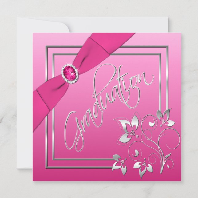 Pink and Silver Floral Photo Graduation Invitation (Front)