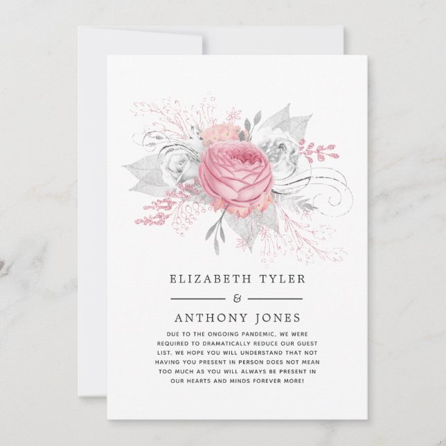Pink and Silver Floral Reduced Wedding Guest Announcement (Front)